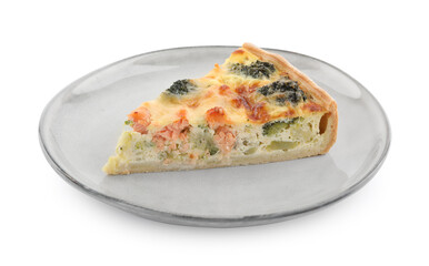 Piece of delicious homemade quiche with salmon and broccoli isolated on white