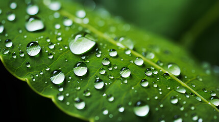 raindrops on fresh green leaves Macro shot in sunlight