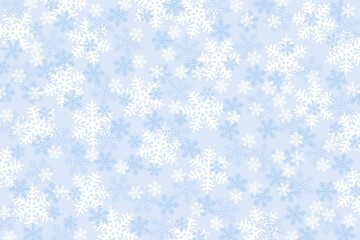 White and light blue snowflakes on light blue background, different shades and sizes of snowflakes, decorative pattern of the background. Christmas or winter motif.