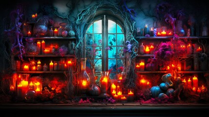 Ethereal Halloween room with flickering candles, focal window, and whimsical objects. Generative AI