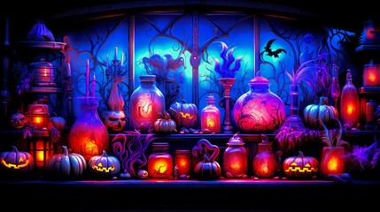 Eerie enchantment: A dimly lit room showcasing Halloween-themed jars, pumpkins, and glowing decorations. Generative AI