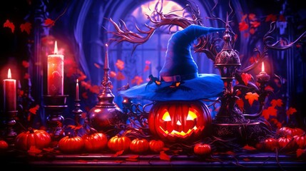 Magical Halloween chamber illuminated by eerie candlelight featuring a vibrant blue witch hat, glowing jack-o'-lanterns, and mysterious decor. Generative AI