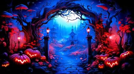 Eerie Halloween scene featuring glowing pumpkins, a dark forest painting, and a whimsical blue building. Generative AI