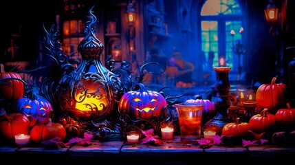 Halloween scene featuring a table arrayed with various pumpkins, candles, and a jack-o'-lantern. To the left, an ornate candle adds an eerie glow. A glass with a candle sits in the bottom right, contr