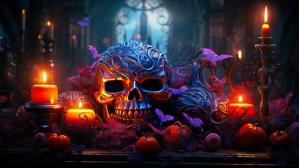 A Halloween tableau contrasts a decorated skull with flickering candles and pumpkins in a dim setting. The palette merges dark hues and vibrant colors. Generative AI