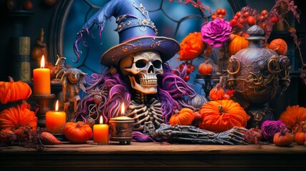 Skeleton with witch's hat amidst Halloween pumpkins and elegant purple rose.Generative AI