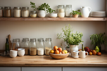 Kitchen interior with wooden shelves and utensils. Healthy food concept