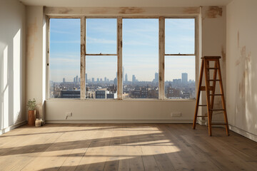 empty room with a wooden stepladder and a panoramic view of the city