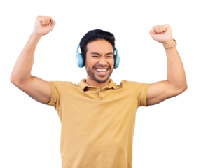 Dance, music and asian man with smile or headphones isolated on png transparent background in studio with streaming. Happy, person and song or podcast for entertainment with audio or media fun