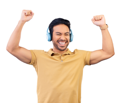 Dance, music and asian man with smile or headphones isolated on png transparent background in studio with streaming. Happy, person and song or podcast for entertainment with audio or media fun
