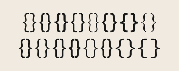 Set of black curly brackets related icons, curly braces of different shapes, mathematics or punctuation frame symbols, paranthesis signs concept on background flat vector illustration.