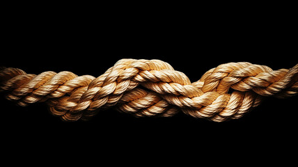 the gordian knot of rough rope is isolated on a black background