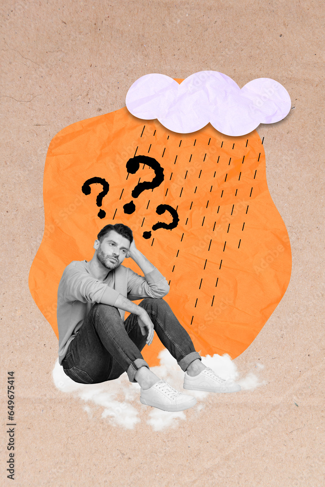 Sticker 3d photo artwork collage painting of puzzled guy looking for questions answers isolated drawing back