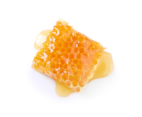 Natural honeycomb with tasty honey isolated on white, top view