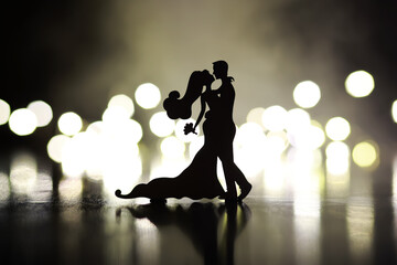 Black silhouettes of pair dancers performing. Man and woman are dancing on gray background with...