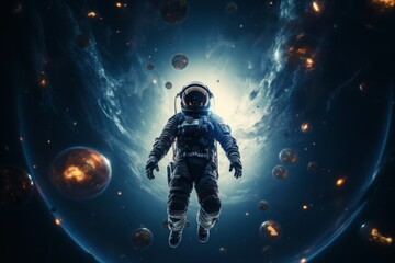 Fototapeta premium Astronaut effortlessly floating amidst cosmic celestial bodies, showcasing the vast wonders of space.