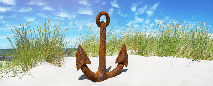 Baltic Sea Beach with rusty Anchor - Panorama