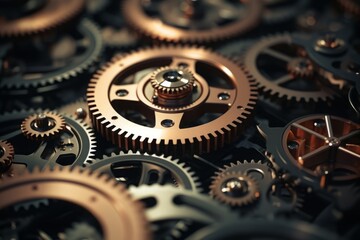 Interlinked gears and cogs working in tandem, illustrating the intricacies of mechanical synchronization