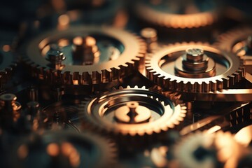 Interlinked gears and cogs working in tandem, illustrating the intricacies of mechanical synchronization