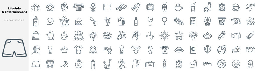 Set of linear Lifestyle and entertainment icons. Thin outline icons pack. Vector illustration. - obrazy, fototapety, plakaty