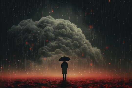 A silhouette stands, umbrella in hand, shielded from a downpour of cascading digital data, symbolizing the digital age's deluge.