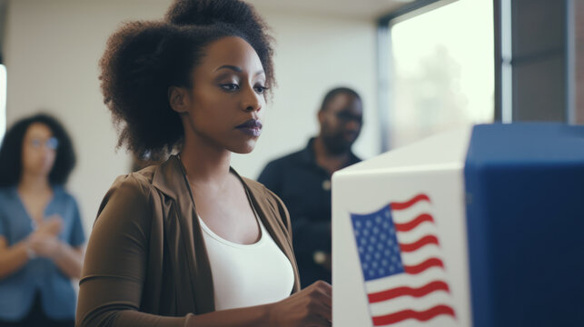 African American Young Woman Voting At US Polling Station - Elections And Politic Concept - Model By AI Generative
