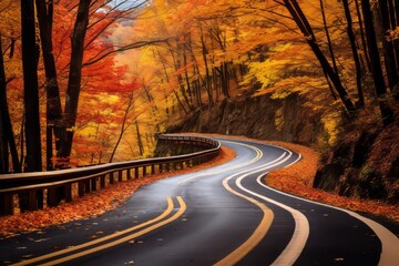 Illustration of a scenic winding road surrounded by vibrant autumn toned trees created with Generative AI technology