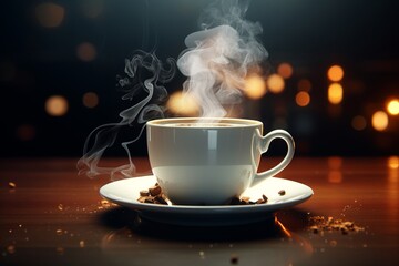 Steam gracefully rises from a coffee cup, carrying with it the promise of warmth and awakening. - obrazy, fototapety, plakaty