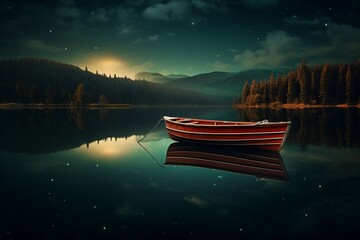 A boat rests on a serene lake, with the still waters reflecting a mesmerizing tapestry of stars. - obrazy, fototapety, plakaty