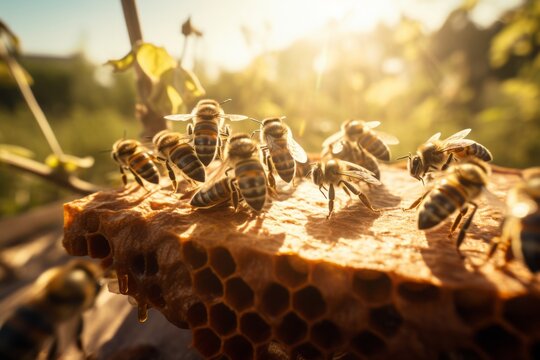 Bustling beehive showcasing bees working in unison, exemplifying nature's perfect collaboration and industriousness.