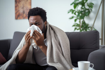 Sick african american man sneezes into a paper napkin or handkarchief couch. New outbreak of the coronavirus pandemic. Covid pandemic in 2024 2025 pirola strain and omicron disease concept - Powered by Adobe
