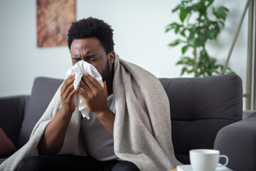Sick african american man sneezes into a paper napkin or handkarchief couch. New outbreak of the coronavirus pandemic. Covid pandemic in 2024 2025 pirola strain and omicron disease concept