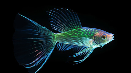 Fototapeta premium luminous fish transparent animal deep-sea creature fictional , light ocean depth, overlay layer isolated on black background