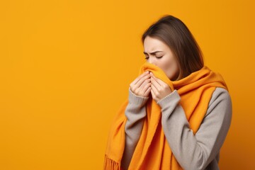 Sick girl sneezes into a paper napkin on a yellow background. New outbreak of the coronavirus pandemic. Covid pandemic in 2024 2025 pirola strain and omicron concept disease