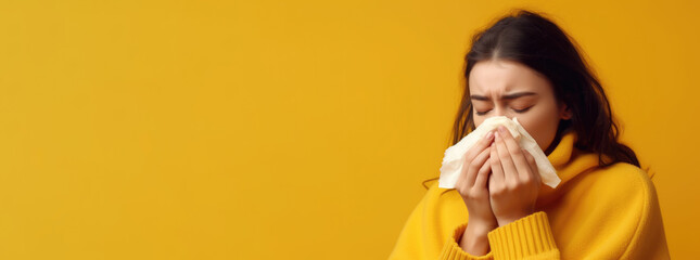 Sick girl sneezes into a paper napkin on a yellow background. New outbreak of the coronavirus pandemic. Covid pandemic in 2024 2025 pirola strain and omicron concept disease