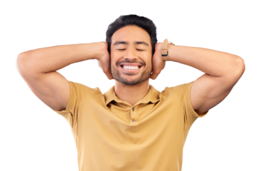 Smile, silence and man cover ears, noise and happy person isolated on a transparent background. Guy, peace and model with happiness, silent and gesture with png, relax and adhd with calm and joyful