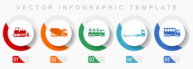 Transport icon set, miscellaneous icons such as bulldozer, concrete mixer, truck and delivery, flat design vector infographic template, web buttons in 5 color options