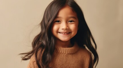 Smiling cute little girl in brown attire against beige studio backdrop. Generative AI