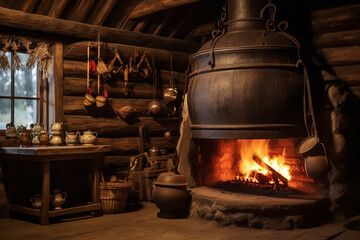 In a rustic cabin, a kettle hangs over a roaring fire in a fireplace made of stacked stones