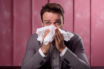 Sick man sneezes into a paper napkin or handkarchief on pink background. New outbreak of the coronavirus pandemic. Covid pandemic in 2024 2025 pirola strain and omicron disease concept