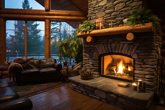 A rustic corner fireplace built with stacked river stones complements the wooden interior of a log cabin