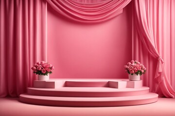 Beautiful pink roses on podium and curtain background, 3d render.