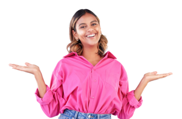 Decision, choice and portrait of woman with why hands happy on isolated, transparent and png background. Face, smile and female model with palm, scale and idea, questions and balance idea emoji