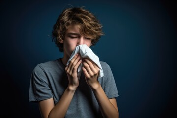 Sick teenage boy sneezes into a paper napkin on blue background. New outbreak of the coronavirus pandemic. Covid pandemic in 2024 2025 pirola strain and omicron disease concept