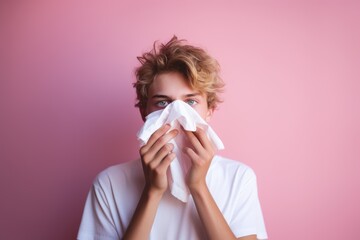 Sick teenage boy sneezes into a paper napkin on pink background. New outbreak of the coronavirus pandemic. Covid pandemic in 2024 2025 pirola strain and omicron disease concept