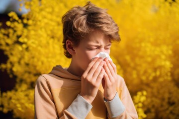 Sick teenage boy sneezes into a paper napkin on yellow background. New outbreak of the coronavirus pandemic. Covid pandemic in 2024 2025 pirola strain and omicron disease concept