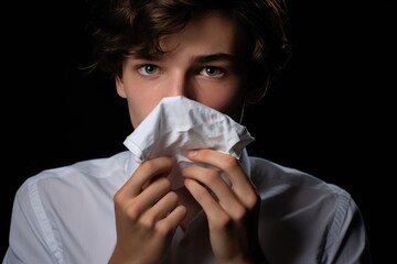 Sick teenage boy sneezes into a paper napkin or handkarchief on black background. New outbreak of the coronavirus pandemic. Covid pandemic in 2024 2025 pirola strain and omicron disease concept