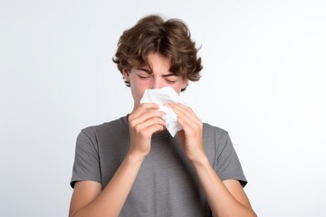 Sick teenage boy sneezes into a paper napkin or handkarchief on white background. New outbreak of the coronavirus pandemic. Covid pandemic in 2024 2025 pirola strain and omicron disease concept