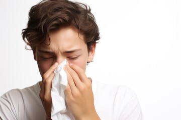 Sick teenage boy sneezes into a paper napkin or handkarchief on white background. New outbreak of the coronavirus pandemic. Covid pandemic in 2024 2025 pirola strain and omicron disease concept