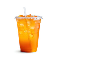 Orange color drink in a plastic cup isolated on a white background. Take away drinks concept with...